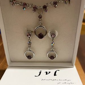 Necklace and earring set; Silver and amethyst like stone set
